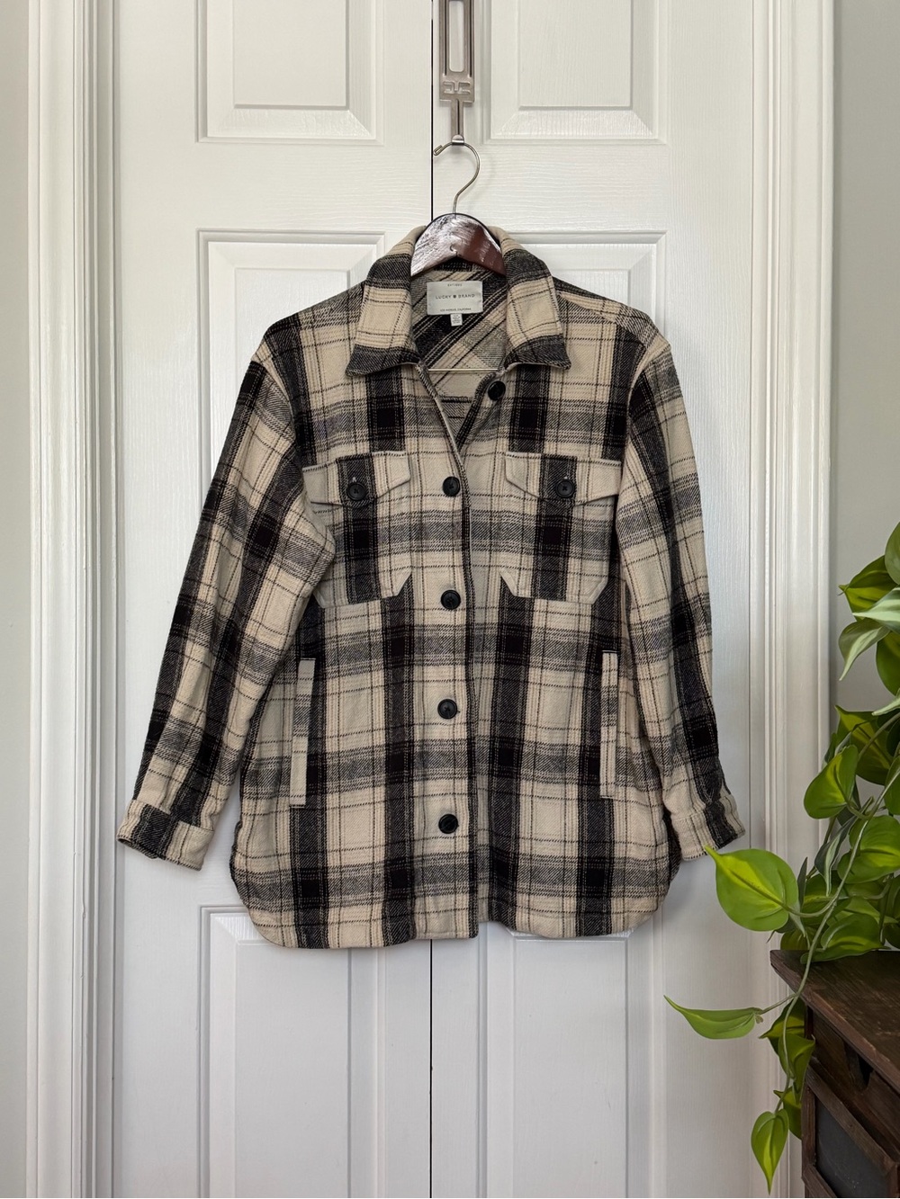 Lucky Brand Cream and Black Plaid Utility Shacket
